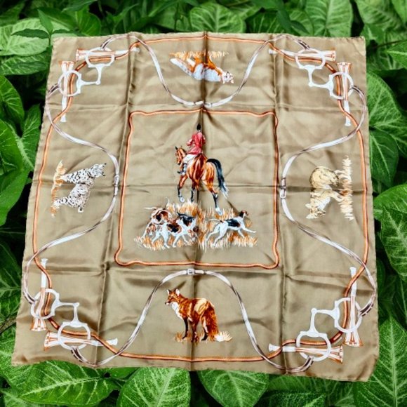 Vintage Equestrian Silk Scarf Fox Hunting Hounds Horn Horse Bits KOREA 34" sq - Picture 15 of 15